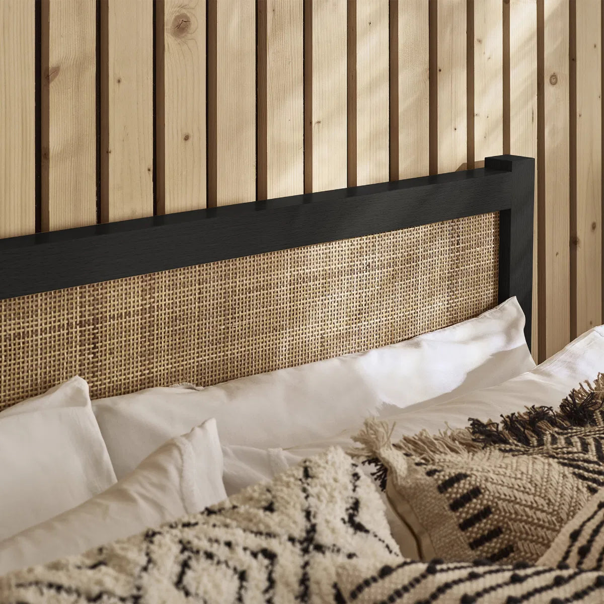 Clermont Black Oak Wood & Rattan Rattan Double Bed